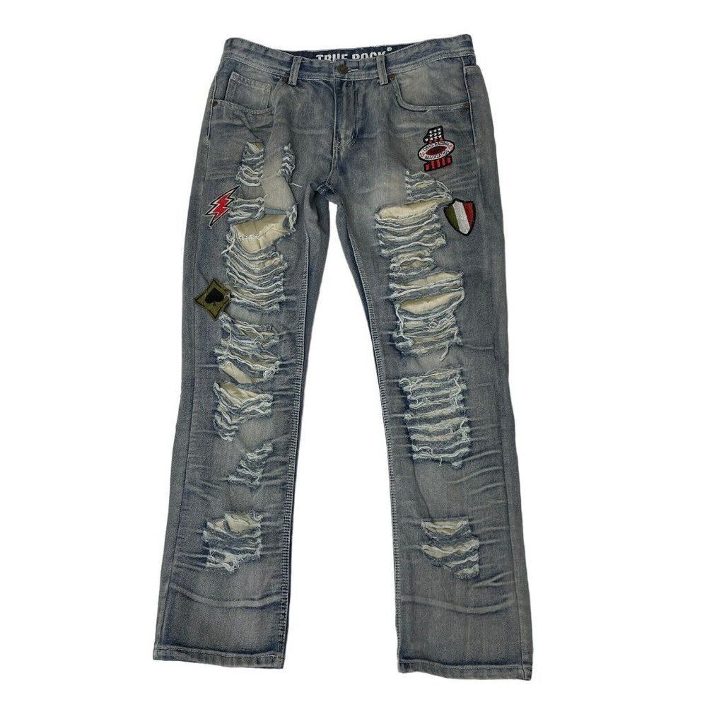Mens True Rock Jeans Distressed Thrashed Patches Tag Size 34 Light Stone Wash